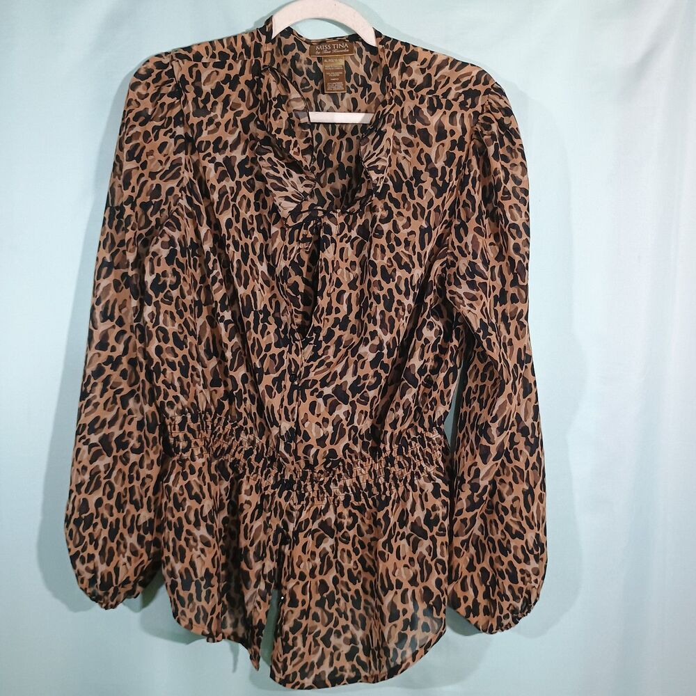 Women's Leopard Print Blouse Cinched Waist Flowy Long Sleeve Top